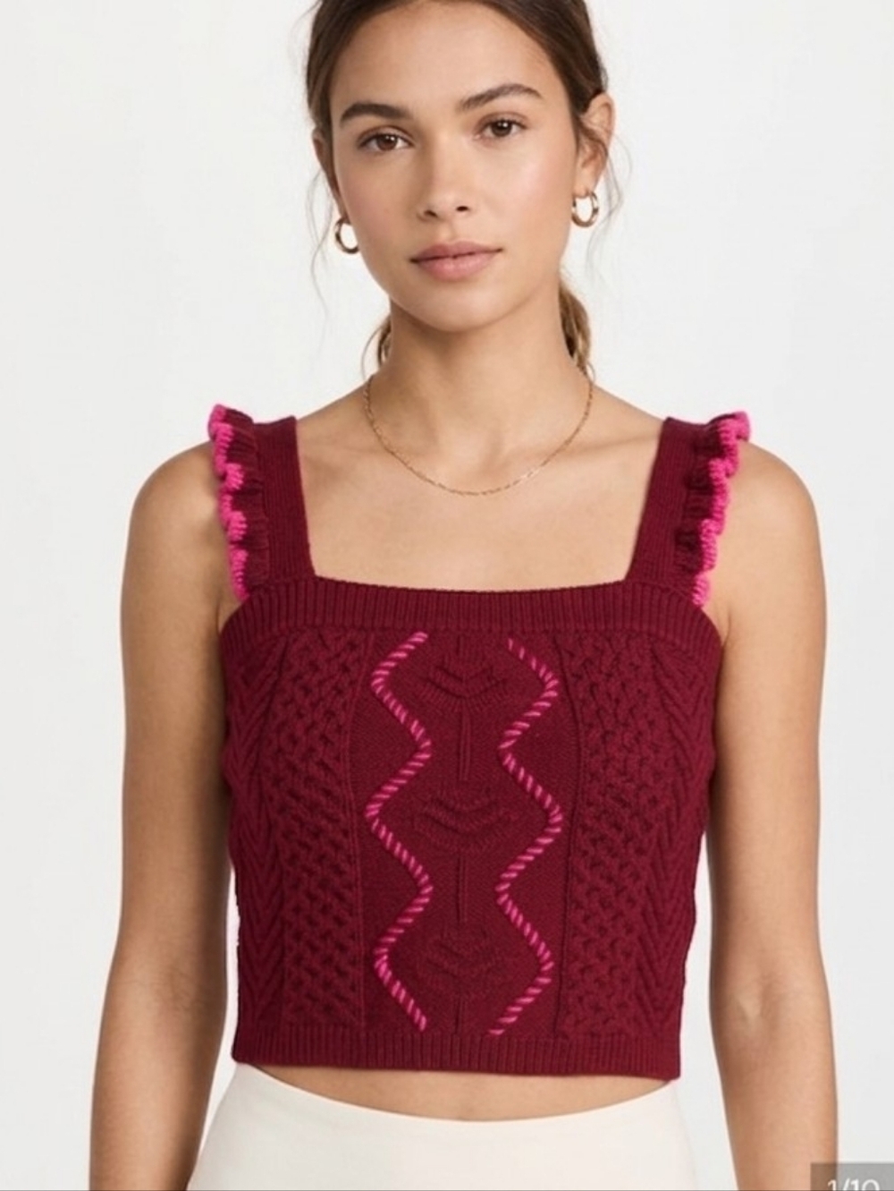 Amanda Uprichard‎ Burgendy Knit Cable Cropped Tank with Pink Trim Nwt Medium